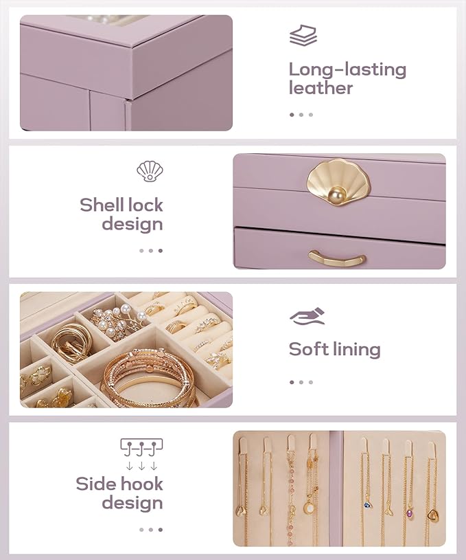 Enthralite Jewelry Box with 4 Drawers: Display Organizer for Earrings Necklaces - Gifts for Girls Women (Grey Purple)
