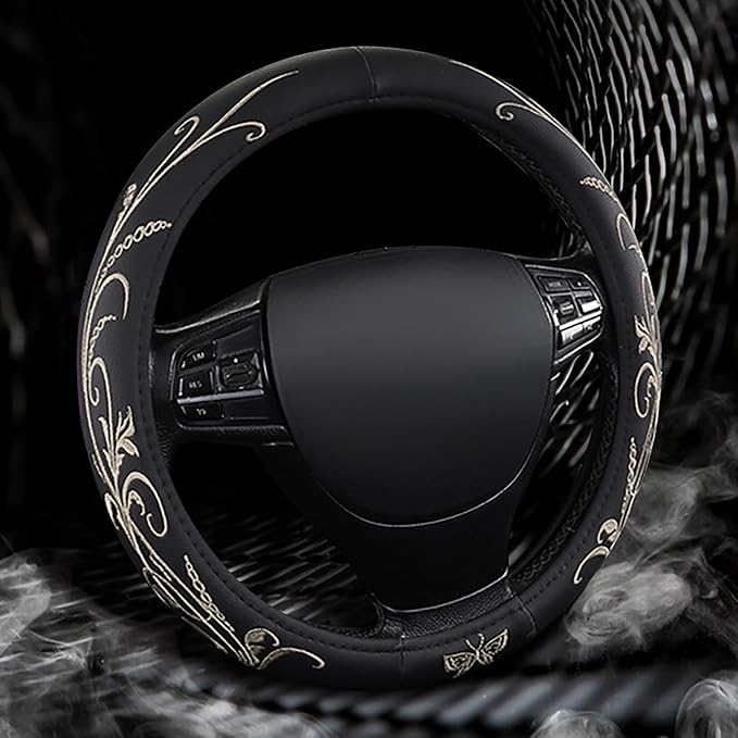 Car Leather Steering Wheel Cover - Panapi Material, Universal 14.5-15 Inch Leather Anti-Slip Breathable Auto Steering Wheel C
