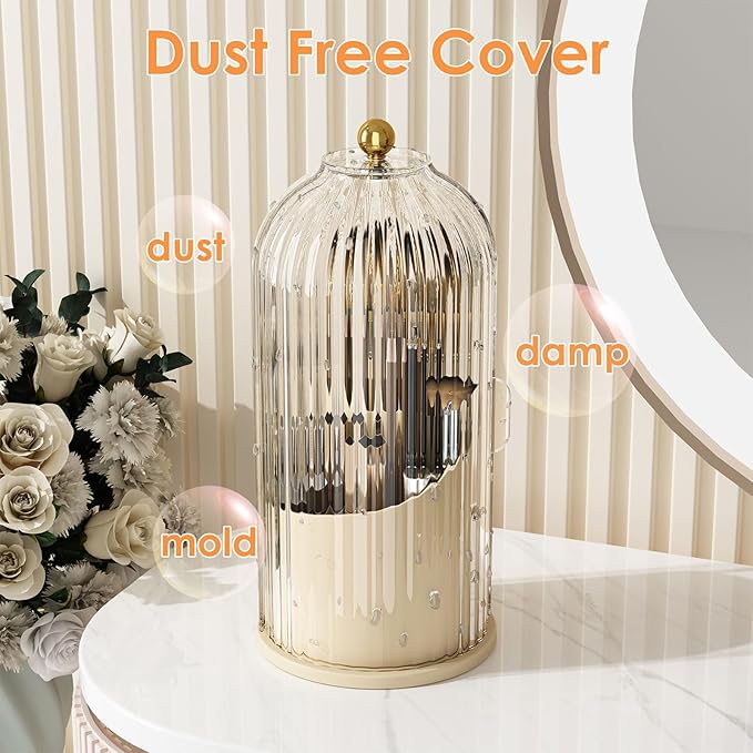 YOOLENS Makeup Brush Holder with Lid 360 Rotating Clear Dustproof Make Up Organizers for Vanity Bathroom Countertop, White Be