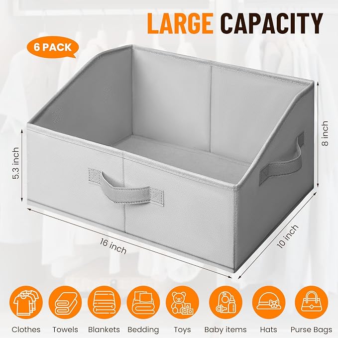Criusia Closet Organizers Bins 6 Pack - Large Closet Shelf Organizer with Handles - Fabric Trapezoid Home Organization and St