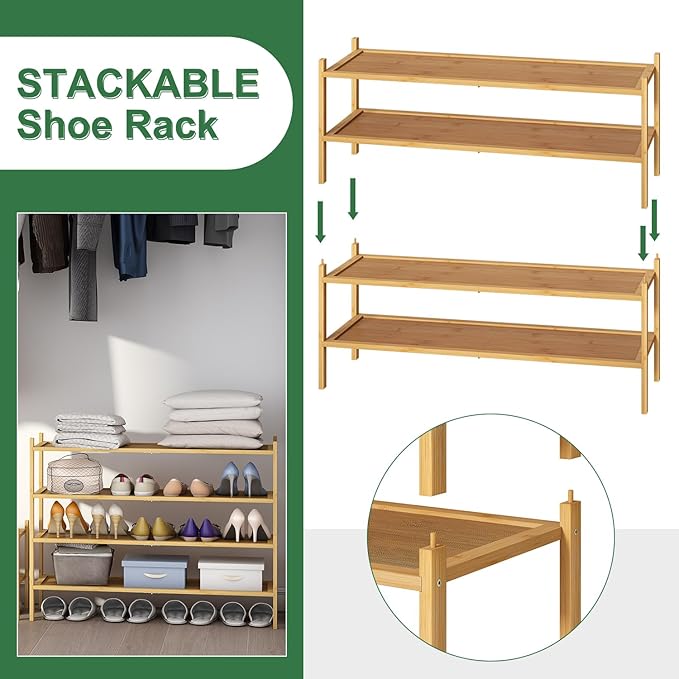 kiplant Long Shoe Rack, 2-Tier Bamboo Wood Shoe Rack, Stackable for Closet, Entryway & Hallway