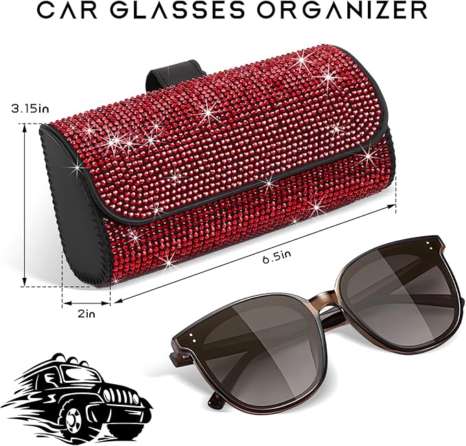 Sunglasses Holder for Car Sun Visor, Bling Leather Eyeglasses Visor Storage Case with Hidden Magnetic Closure, Sparkling Auto Visors Protective Organizer Storage Box (Red)