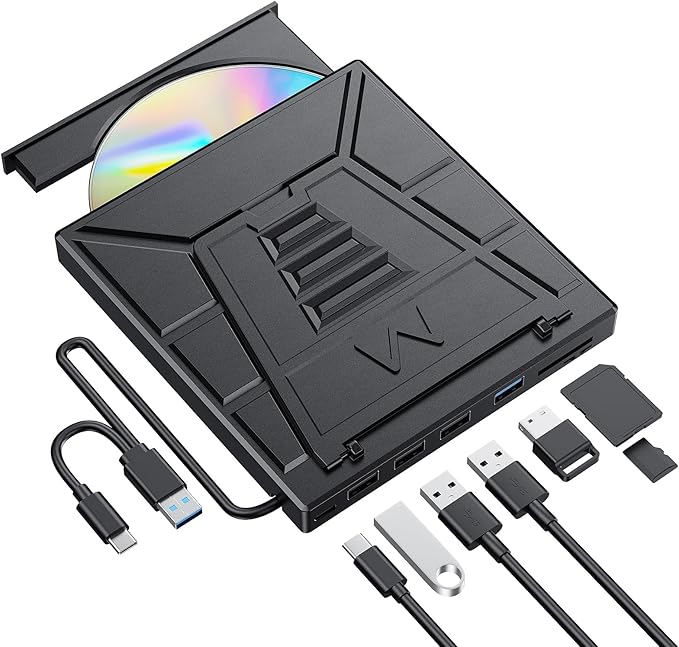 9-in-1 External CD/DVD Drive with Phone Holder, USB 3.0 & Type-C Portable DVD±RW/CD Burner, Plug and Play Optical Drive Compatible with Laptop PC, Desktop, Windows 11/10/8/7, Mac, Linux