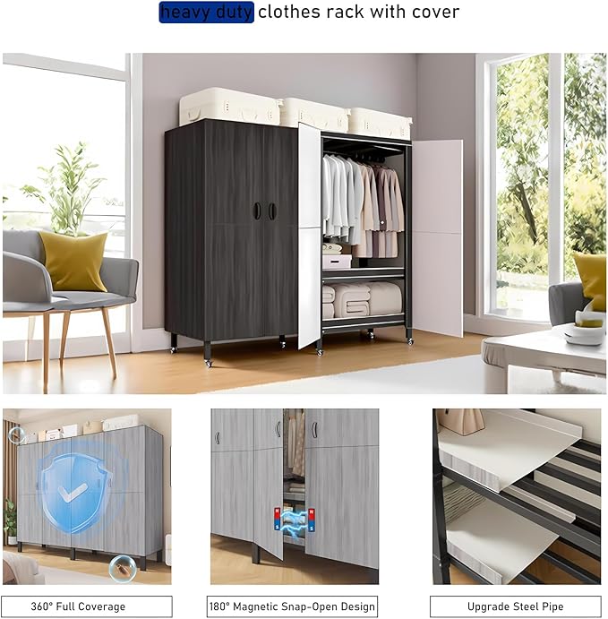 Foldable Portable Wardrobe On Wheels, Freestanding Garment Rack, with Magnetic Door 2000lbs, Heavy Duty Clothes Rack, for Bed