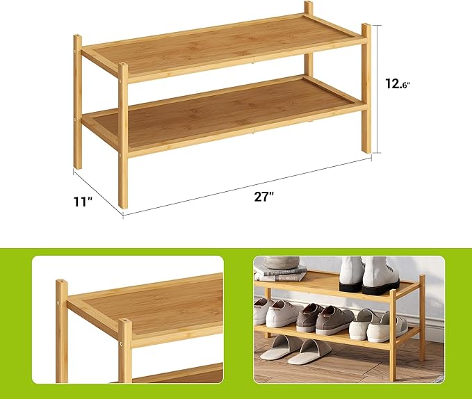 BMOSU 2-Tier Bamboo Shoe Rack Premium Stackable Shoe Shelf Storage Organizer for Hallway Closet Living Room Entryway Organize