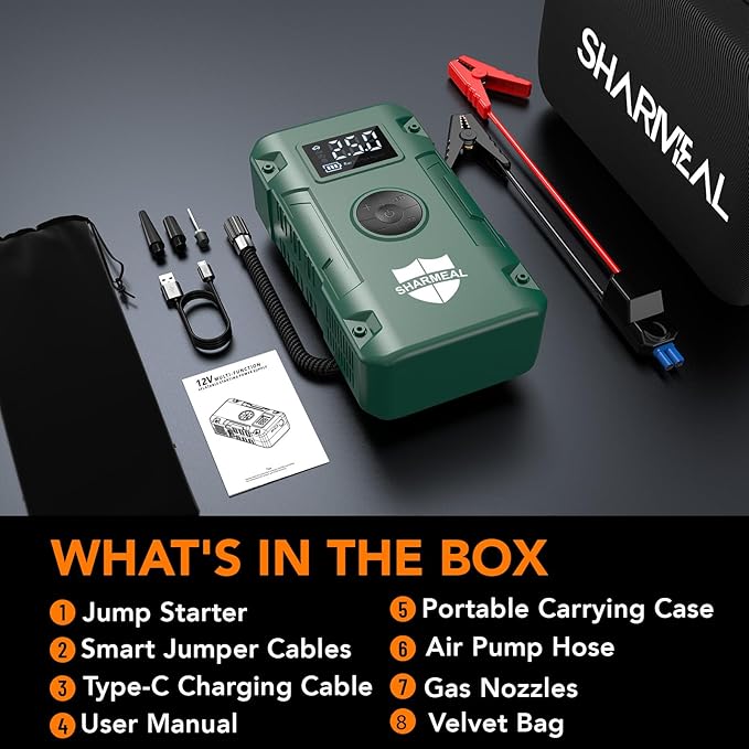 Sharmeal Jump Starter 6000A,12V Car Battery Jump Starter with Air Compressor (Up to All Gas or 10.0L Diesel Engine), Battery Booster with 3 Modes Flashlight and Jumper Cable