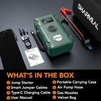 Sharmeal Jump Starter 6000A,12V Car Battery Jump Starter with Air Compressor (Up to All Gas or 10.0L Diesel Engine), Battery Booster with 3 Modes Flashlight and Jumper Cable