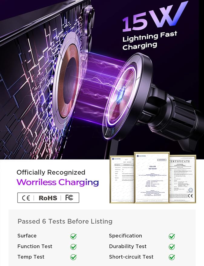 LISEN 15W MagSafe Car Mount Charger,[Racing-Grade Carbon Fiber] Magnetic Wireless Car Charger, Magsafe Car Phone Holder Charger for iPhone 17 16 15 14 13 12, Pixel 10, BMW Accessories, Gifts for Men