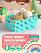 WYT 6-Pack Plastic Small Shelf Storage Weave Baskets Organizing for Cabinets and Pantries, Sky Blue