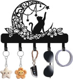 Cat Key Holder Wall Mount, Floral Moon and Star Metal Key Hanger with Butterfly, Cute Wall Decor with Storage, 13.4x9.5 Inch 