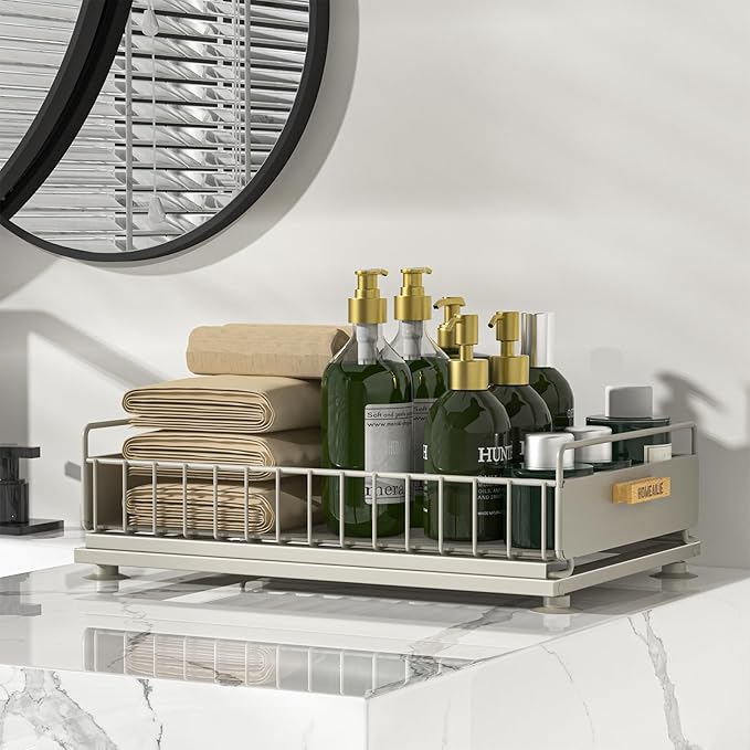 Under Sink Organizer, Single Tier Metal Pull Out Sliding Drawer Shelf for Kitchen Bathroom Cabinet Storage, Sturdy Rack – Gra