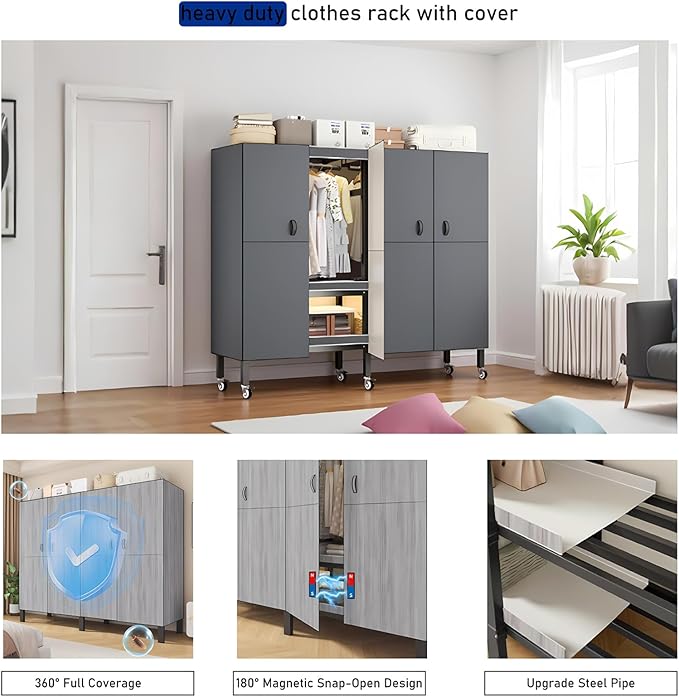 Heavy Duty Clothes Rack with Magnetic Door, Load 1500lbs, Foldable Portable Wardrobe Closet, Hanging Clothing metal Garment R