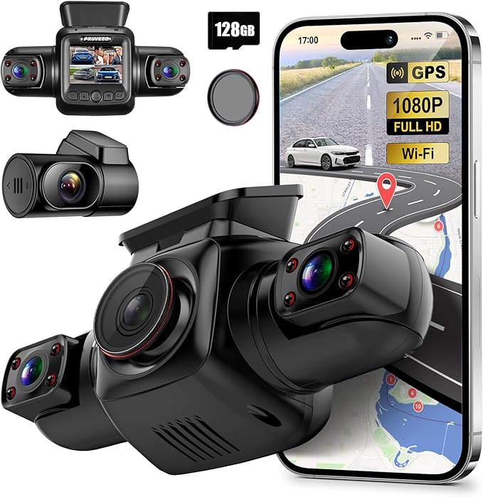 PRUVEEO 360 Degree View 4 Channel Dash Cam Front and Rear Inside Left Right, Dash Camera for Cars with CPL, Built-in GPS WiFi