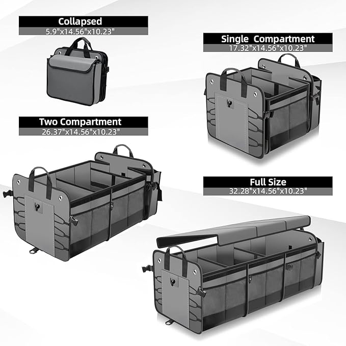 Large Trunk Organizer with Removable Cooler Bag-Collapsible Durable Multi Compartments w/ Foldable Cover, Non Slip Bottom Car