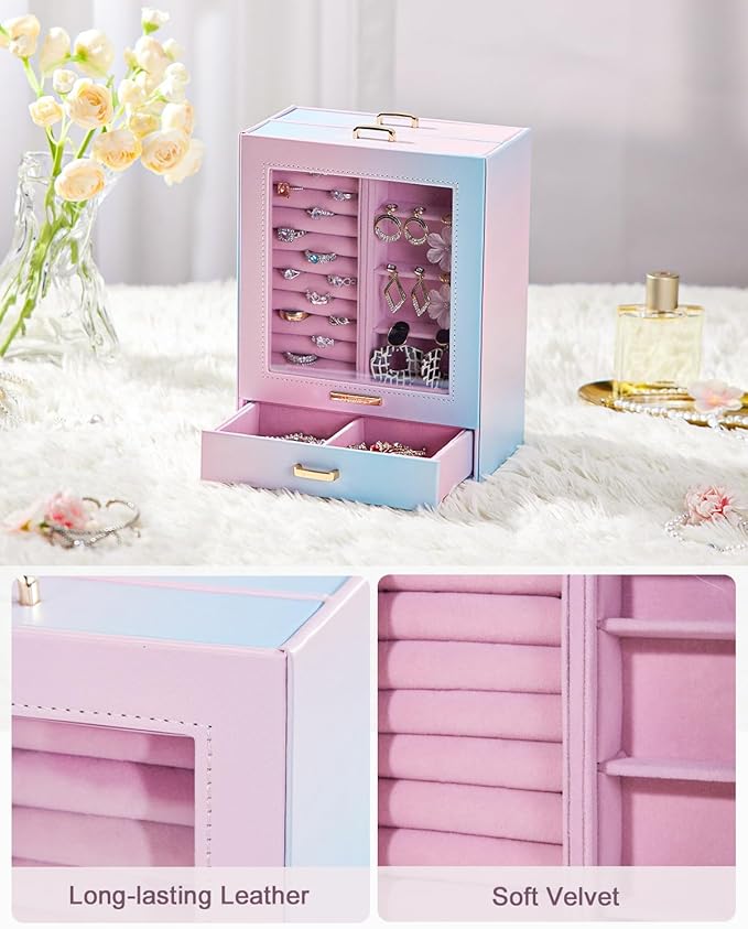Homde Jewelry Organizer Girls Women Jewelry Box for Necklaces Rings Earrings Gift Bracelets Storage Case (Blue - Pink Gradien
