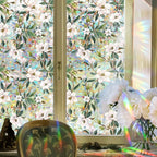 JOONOR Retro Gardenia Flowers Window Privacy Film,Gardenia Stained Glass Window Tint for Home,3D Rainbow Static Cling Sticker for Bathroom Living Room Glass Door,16.93 x 39.37 Inch