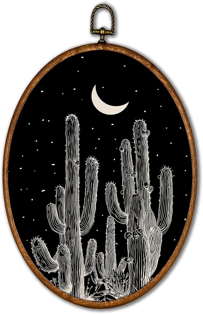 KSDUT Western Wall Decor Art - Black Cactus Wall Art Canvas Frame Hanging Prints, Vintage Southwestern Desert Eclectic Oval W