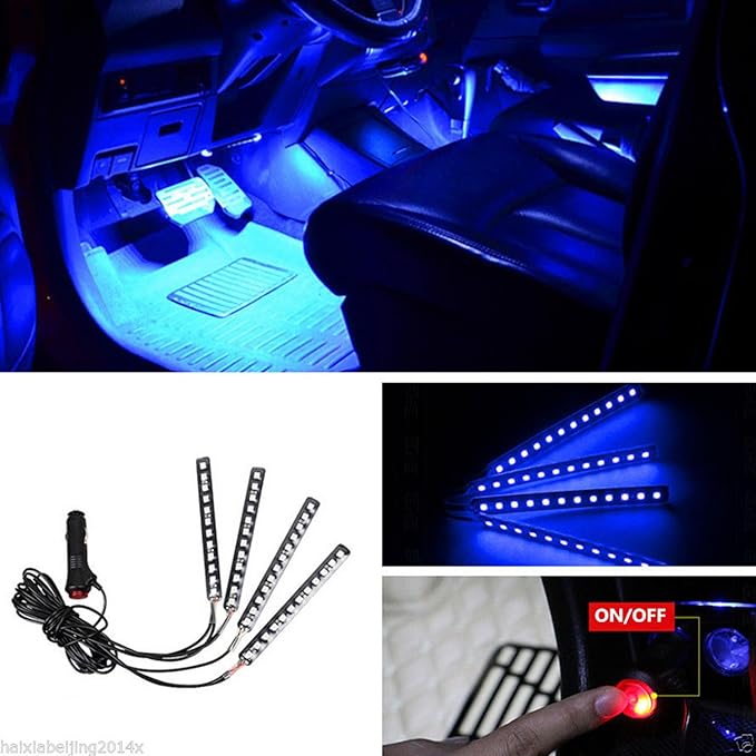 Car LED Strip Light, EJ's SUPER CAR 4pcs 48 LED Car Interior Lights Under Dash Lighting Waterproof Kit,Atmosphere Neon Lights Strip for Car,DC 12V(Blue)