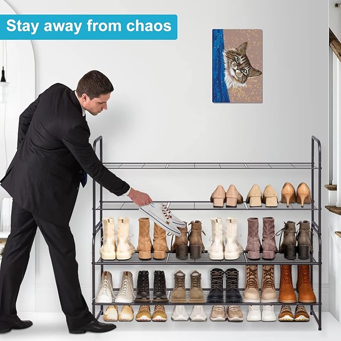 KEETDY 2-Tier Long Shoe Rack for Closet Entryway Shoe Organizer for 18 Pairs Sneakers, Metal Stackable Shoe Storage Shelf wit