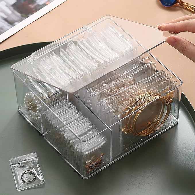 4 In 1 Acrylic Jewelry Organizers and Storage with 60 Portable Anti Tarnish Jewelry Bags, Clear Jewelry Box Organizer, Travel