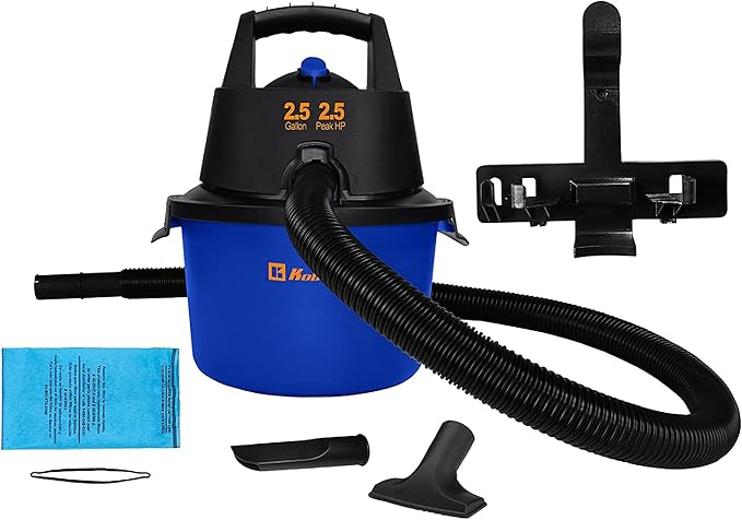 Koblenz WD-2.5L Portable Wet Dry Vacuum, 2.5-Gallon 2.5 PHP Suction Plus Blower Vacuum Cleaner for Liquids, Dust, Pet Hairs, 