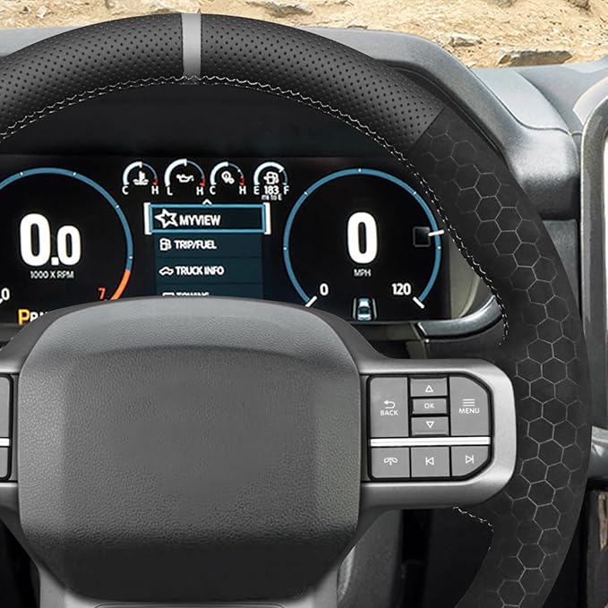 MEWANT Hand Stitch Steering Wheel Cover for Ford F150 Lightning F350 Expedition Made of Real Leather Embossed Athsuede