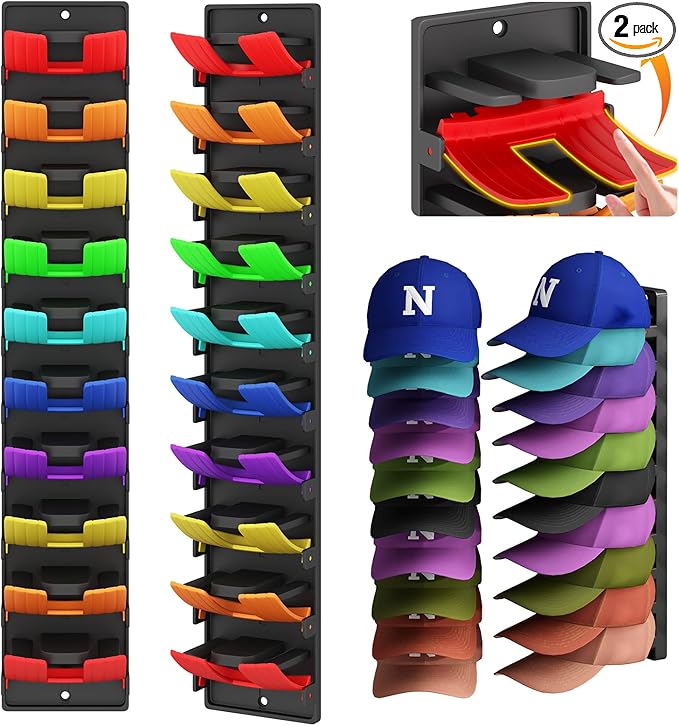 Hat Organizer for Baseball Caps 2 Pack, Wall Mounted Hat Rack Holds Up to 20 Hats, Cap Holder Display for Door & Closet, Hat 