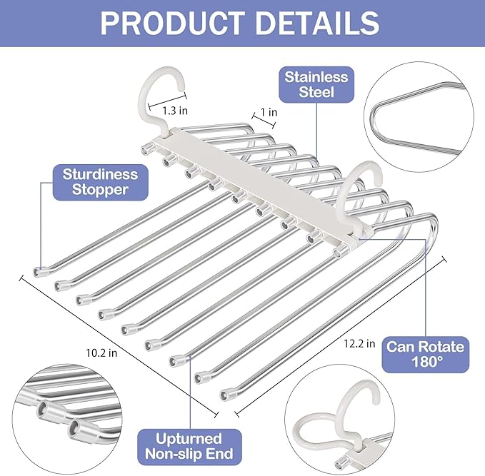 Upgrade 9 Layers Pants Hangers Space Saving, 4 Pack Pant Hangers Organizer Multifunctional Pants Rack Space Saver Closet Orga