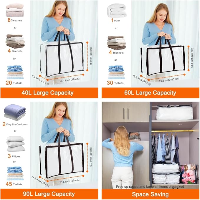Vieshful 3 Pack 40L+60L+90L Clear Clothes Storage Bag, Zippered Closet Organizer, Plastic Storage Containers Moving bags for 
