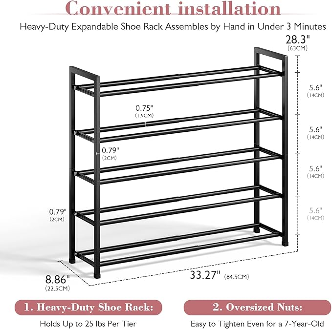 Bumusty 5-Tier Expandable Shoe Rack for Closet, 18“-33” Adjustable Shoe Rack for Small Space, Small Shoe Organizer for Front 