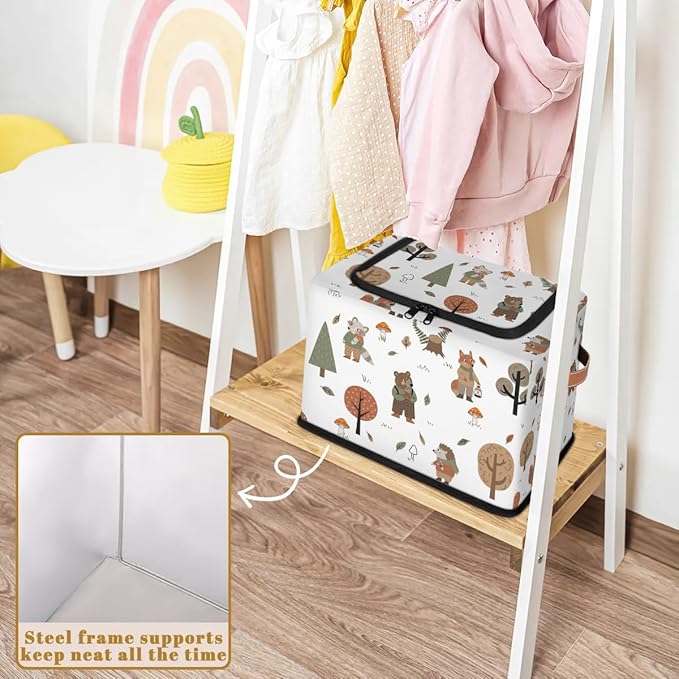 Wolf Bear Hedgehog Storage Baskets - Cute Animal Plants Bin Collapsible Organizer Cube with Zipper Lid, Mushroom Leaves Tree 