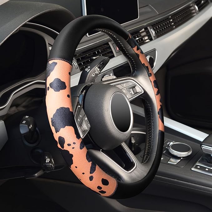 Cow Print Car Steering Wheel Covers, Breathable Microfiber Leather for Women and Men, Universal 15 inch Anti-Slip Steering Wh