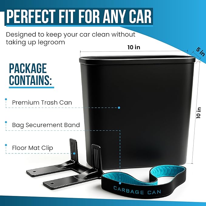 Car Trash Can for Car Garbage: Car Waste Bin w/Floor Mat Clip, Bag Securement Band and Liner for Drivers and Passengers; 3 Gallon Garbage Container for Vehicle, Sedan, SUV, Van, MPV & Truck (Black)