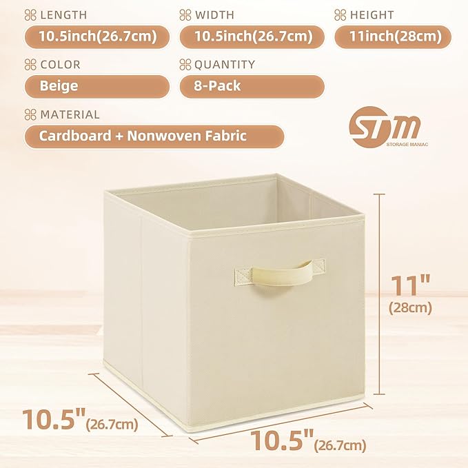 STORAGE MANIAC Storage Cubes, 11 Inch Collapsible Storage Bins with Handles, 8 Pack Fabric Foldable Bins for Organization, Du