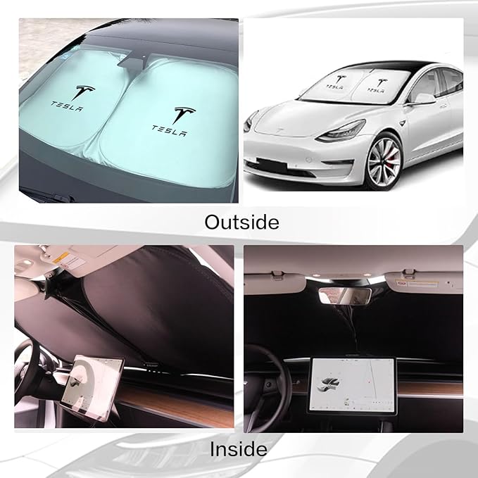 300T Sunshade for Tesla Model Y Model 3, Car Accessories 2026 for Tesla, Front Window Sunshade with Organizer Bag, Gifts for Tesla Owners