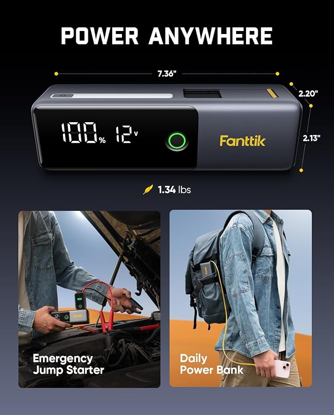 Fanttik Potent T10 1800A Portable Jump Starter, 12000mAh Power Bank, 12V Safe Lithium Jump Box with Smart SenseClamp,