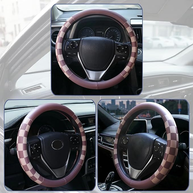 Women Checkered Steering Wheel Cover,Breathable Non-Slip PU Leather Universal 15 Inch Steering Wheel Protector,Fashion Checke