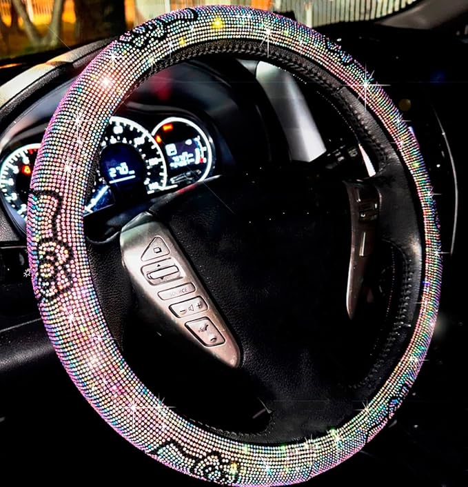 Fashion Car Ultra Bling Steering Wheel Cover with Sparkly Diamond Rhinestones, Gorgeous Accessory with Anti Slip Lining Extra Bling Especially Shiny Cat Exotic Universal (Colorful)