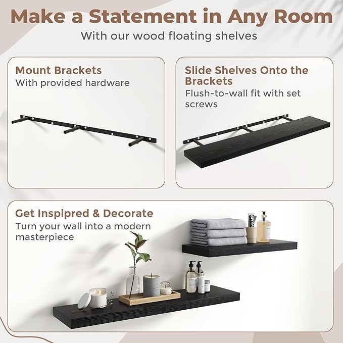 55 Inch Floating Shelves for Wall Set of 2, 8"D Wood Grain Bathroom Shelves with Invisible Brackets, Easy Install Engineered 