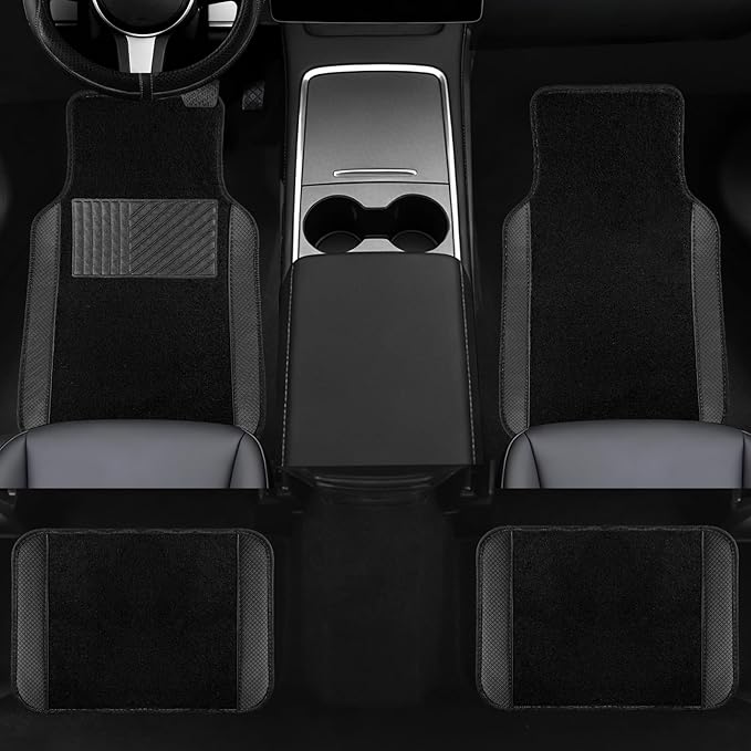 NBTEPEM Waterproof Universal Fit Car Floor Mats, Faux Leather Sporty Car Carpet Mats with Anti-Slip Nibbs Backing & Driver Heel Pad Fit for SUV, Vans, Sedans, Trucks, Set of 4 (Black)