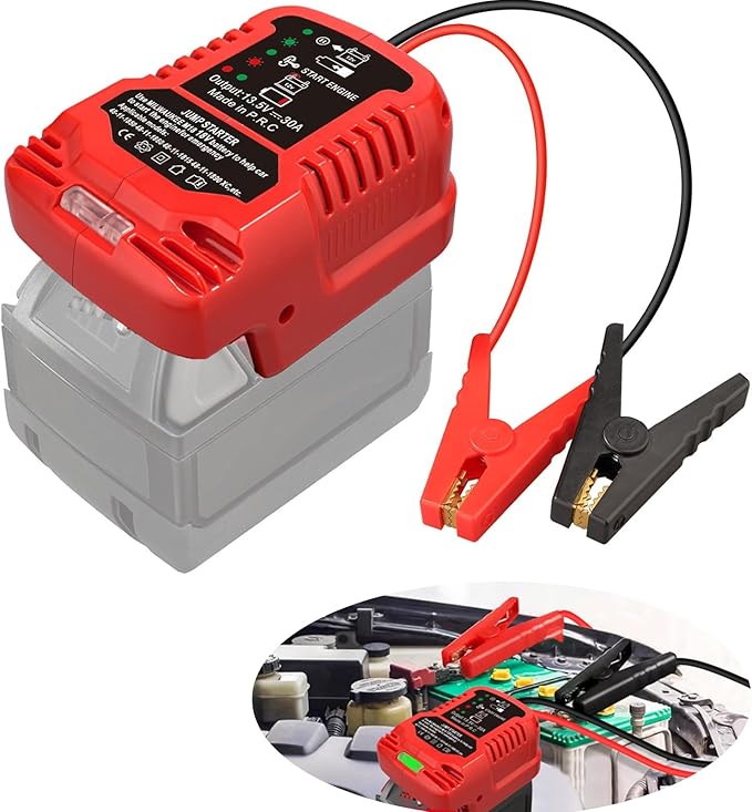 Jump Starter Adapter for Milwaukee M18 18V Li-ion Battery Powered with 12V Jumper Cables &Clamps for 3.5L Vehicles,Portable Car Charger Jump Starter (Battery not Included)
