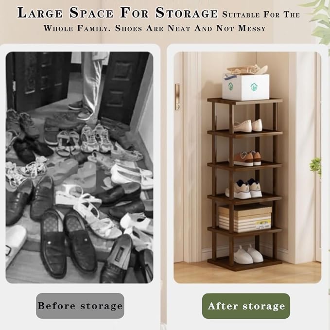 AFOORD Vertical Shoe Rack-Tall Narrow Shoe Rack Organizer for Small Spaces,12Tier Bamboo Shoen Shelf for Entryway,Closet,Corn