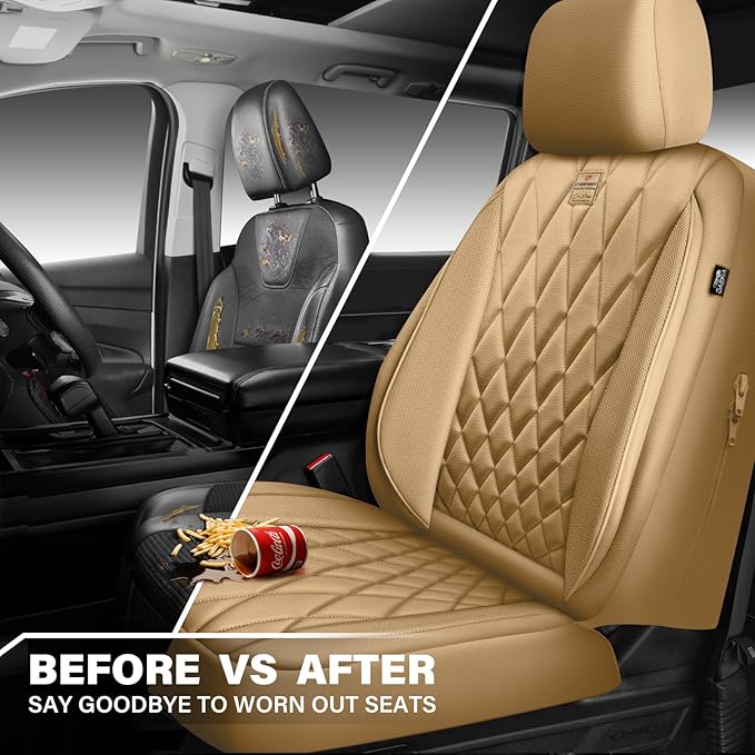 CAR PASS Piping Luxury PU Leather Two Front Car Seat Covers, Waterproof Anti Slip Seat Covers Compatible with Front Seat Armr