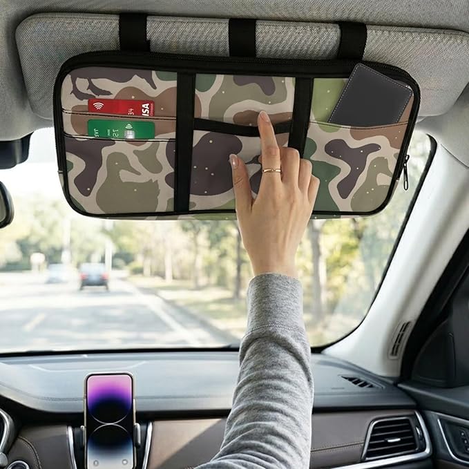 Ducks Camo Car Visor Organizer Keep Tidy Car Sun Visor Storage Bag with Big Zipper Pocket Card Holder Universal Fit for Most Cars SUV