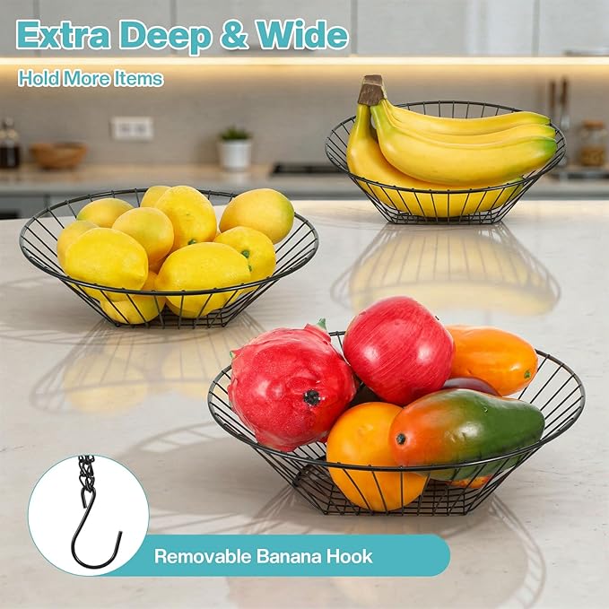 3 Tier Hanging Fruit Basket with Banana Hook, 34-Inch Heavy-Duty Wire Hanging Basket, Wire Vegetable Produce Organizer with I