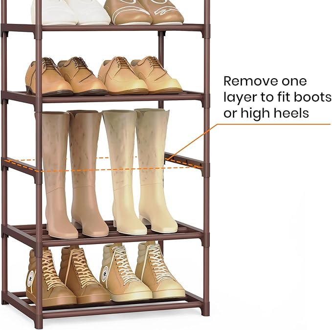 Tall 10 Tier Shoe Rack - 20-24 Pair Storage, Sturdy Metal Shoe Organizer with Hooks for Closet, Entryway, Brown