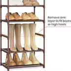 Tall 10 Tier Shoe Rack - 20-24 Pair Storage, Sturdy Metal Shoe Organizer with Hooks for Closet, Entryway, Brown