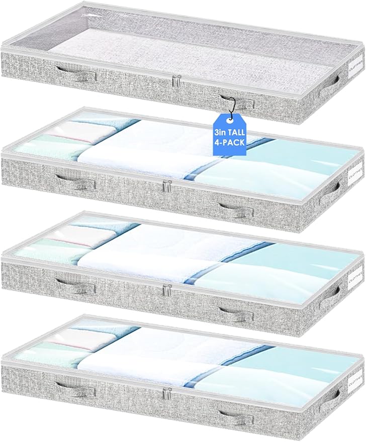 Low Profile Under Bed Storage, 3-Inch High Foldable Underbed Storage Bins with Lid & Zipper, No Structure, Super Slim Clothes