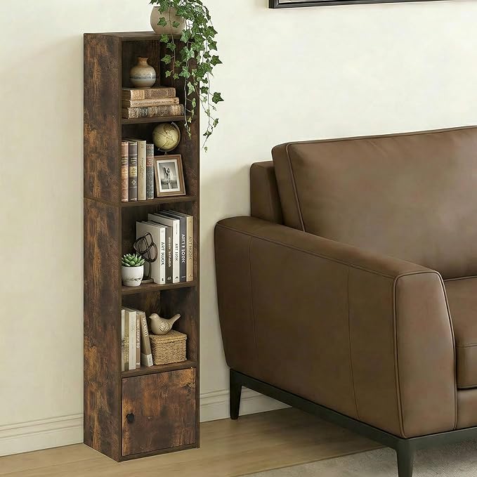 Furinno LUDER Book Shelf, 5-Tier Bookshelf with Open Shelf, Standing Bookcase with 1 Door Cabinet, 9.3 x 12 x 52, for Organiz