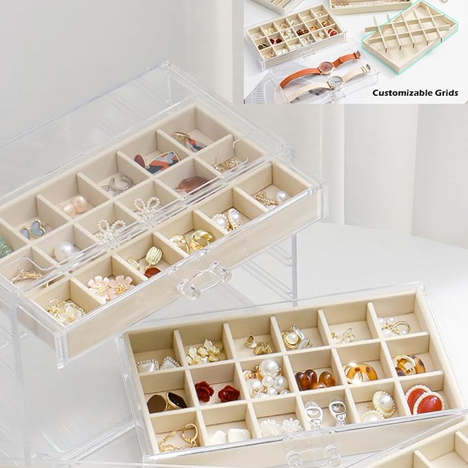 YUFONG Jewelry Organizer with 5 Drawers Clear Acrylic Earring Display Case Velvet Jewelry Storage Box Display Holder for Earr